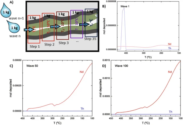 Flow model and temperature-dependent neodymium and thorium deposition in carbonate fluids