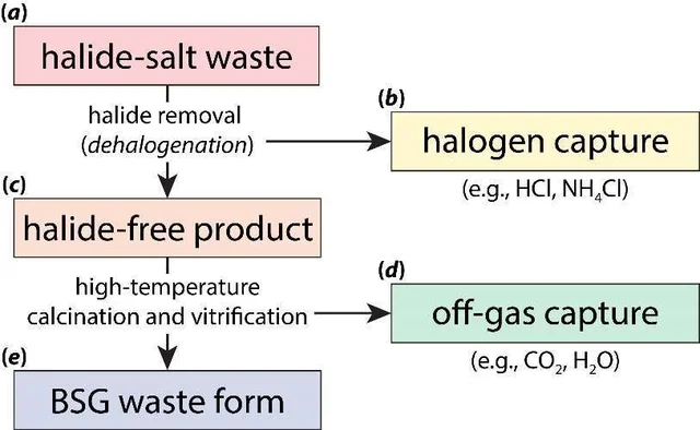 Process diagram for halide removal, halogen capture, and vitrification of salt waste into borosilicate glass