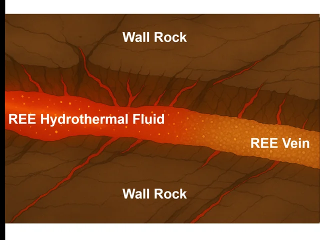 Rare-earth hydrothermal fluid moving through wall rock and forming a mineral vein